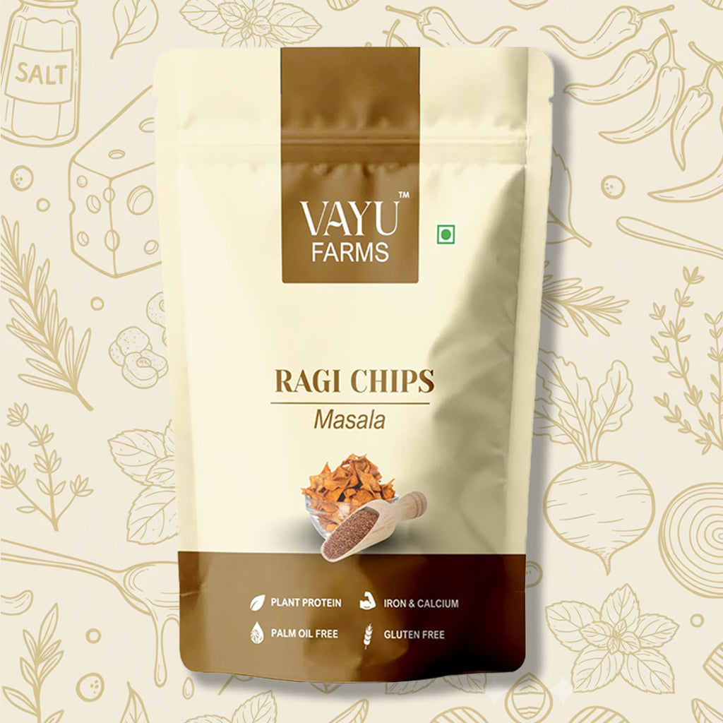 Vayu Farms Ragi Masala Chips in a 95g standing pouch