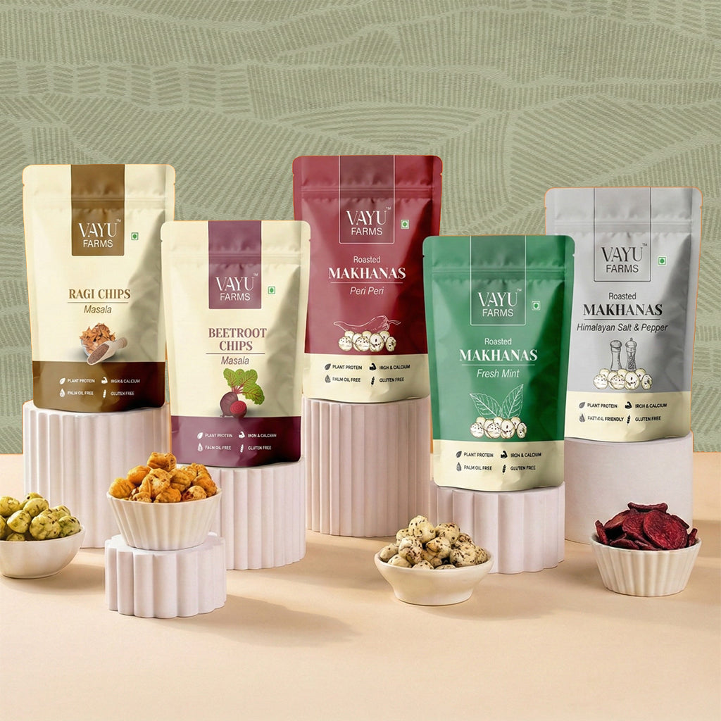 Vayu Farms Everyday Crunch Box with makhana and chips snack variety