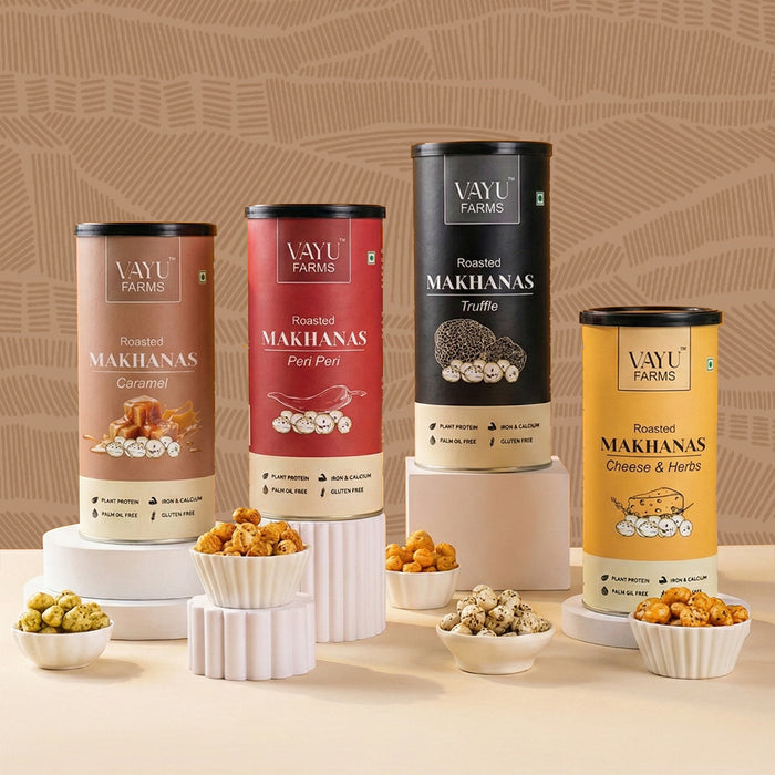 Gourmet makhana snack box gift packaging by Vayu Farms