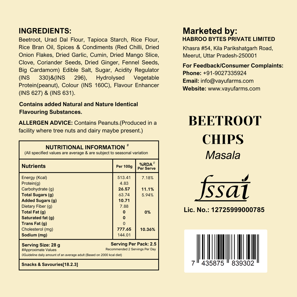 Beetroot masala chips ingredients and nutritional details by Vayu Farms