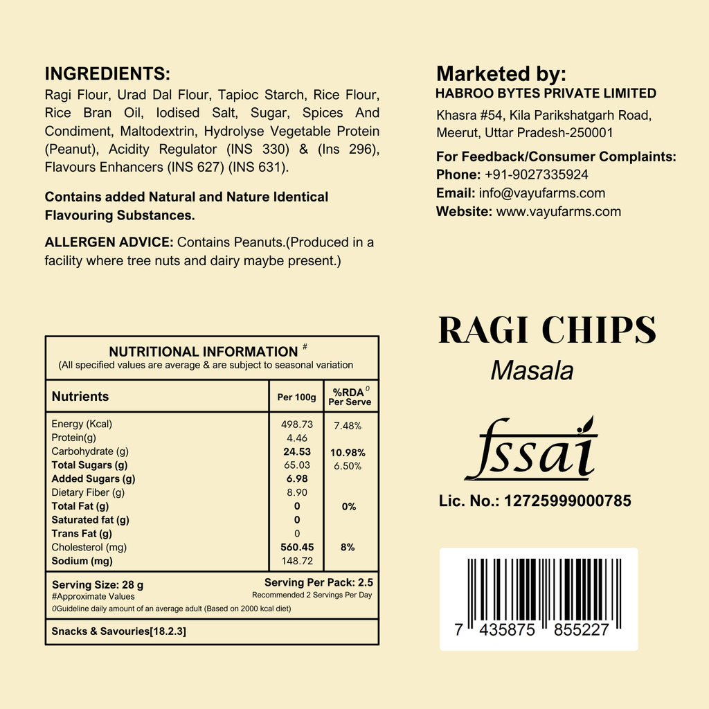 Ragi masala chips ingredients and nutritional highlights by Vayu Farms