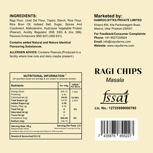Ragi masala chips ingredients and nutritional highlights by Vayu Farms