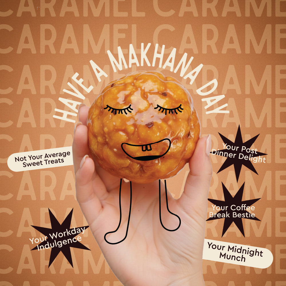 Caramel makhana pouch on a warm background by Vayu Farms