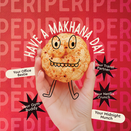 Peri peri makhana pouch on a vibrant red background by Vayu Farms