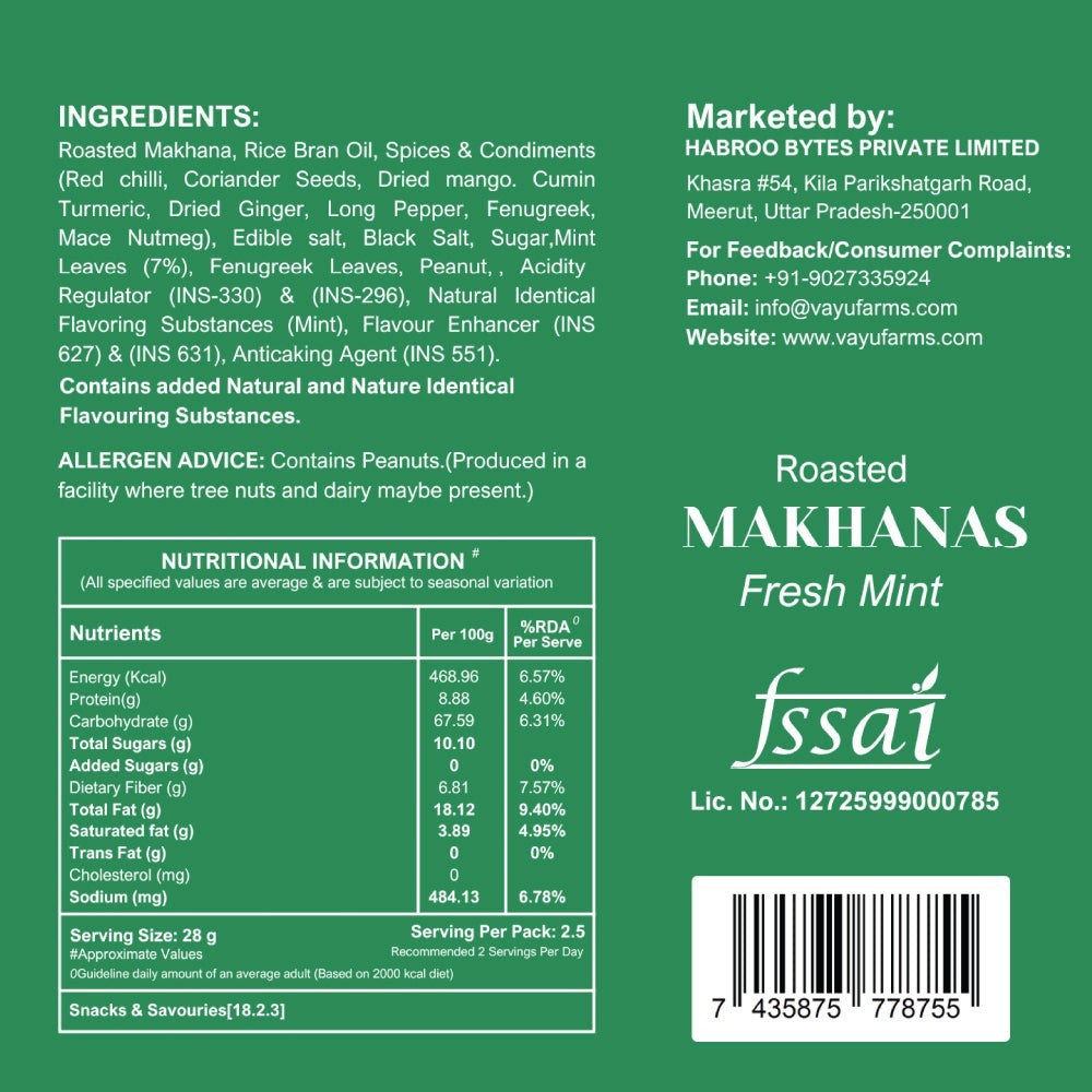 Vayu Farms Fresh Mint Makhana nutritional information and ingredient label on a green background