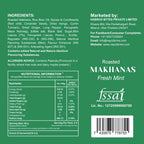 Vayu Farms Fresh Mint Makhana nutritional information and ingredient label on a green background