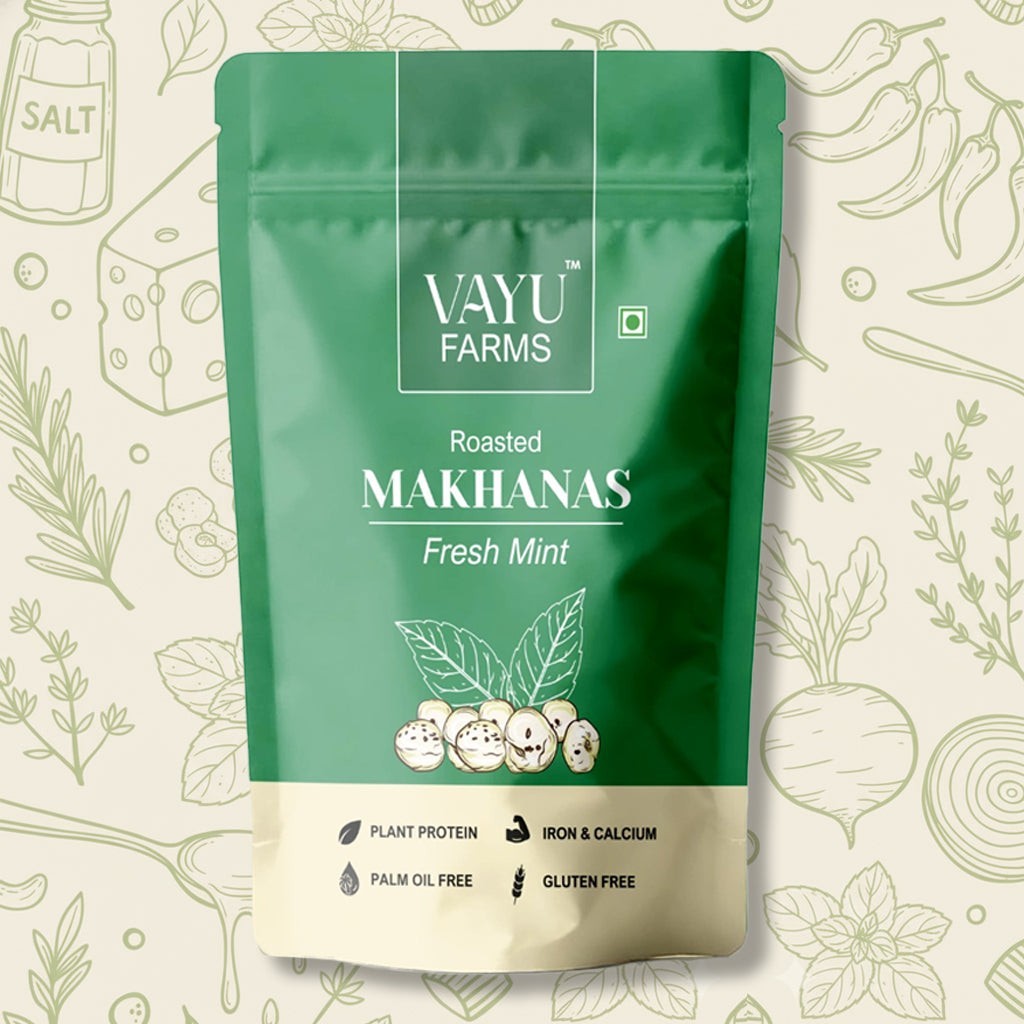 Vayu Farms Fresh Mint roasted makhana lotus seeds in a green 45g pouch with plant protein and gluten-free labels.