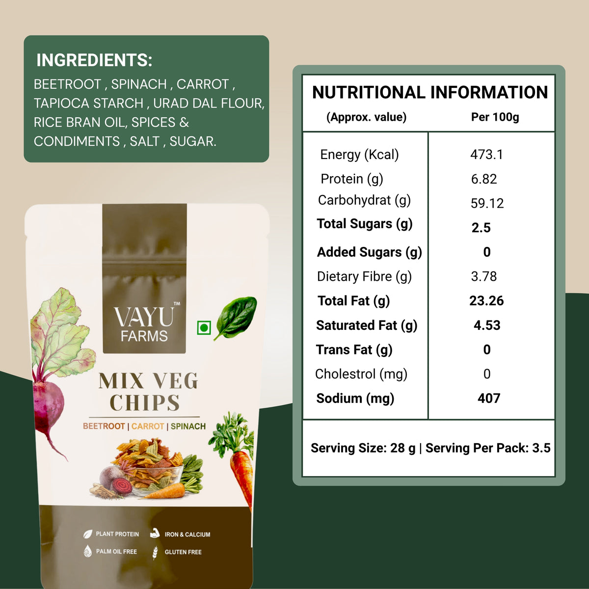 Mixed Vegetable Chips (Beetroot, Carrot and Spinach) - 95g