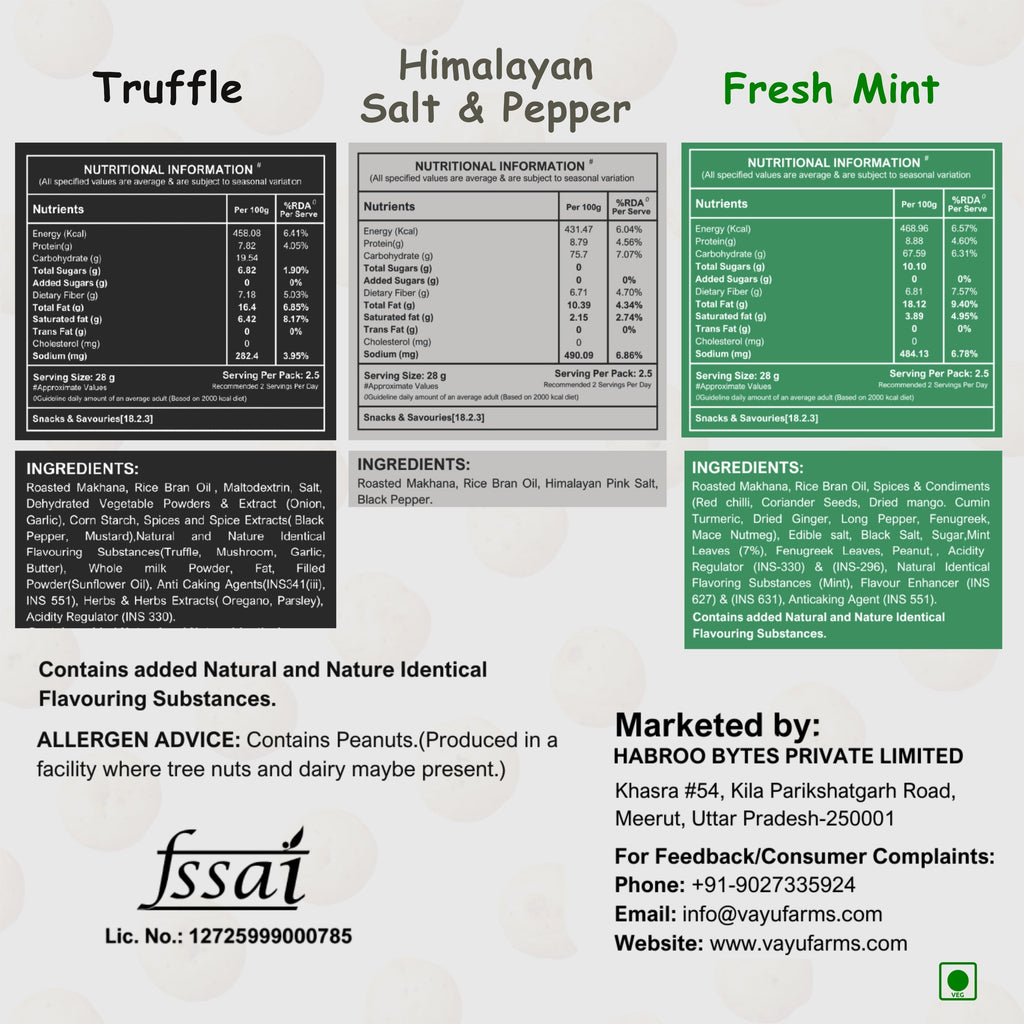 Nutritional information and ingredients label for Vayu Farms Truffle, Himalayan Salt & Pepper, and Fresh Mint Roasted Makhana