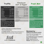 Nutritional information and ingredients label for Vayu Farms Truffle, Himalayan Salt & Pepper, and Fresh Mint Roasted Makhana