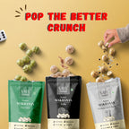 Vayu Farms Roasted Makhana pouches with scattered roasted makhana and text reading Pop the Better Crunch