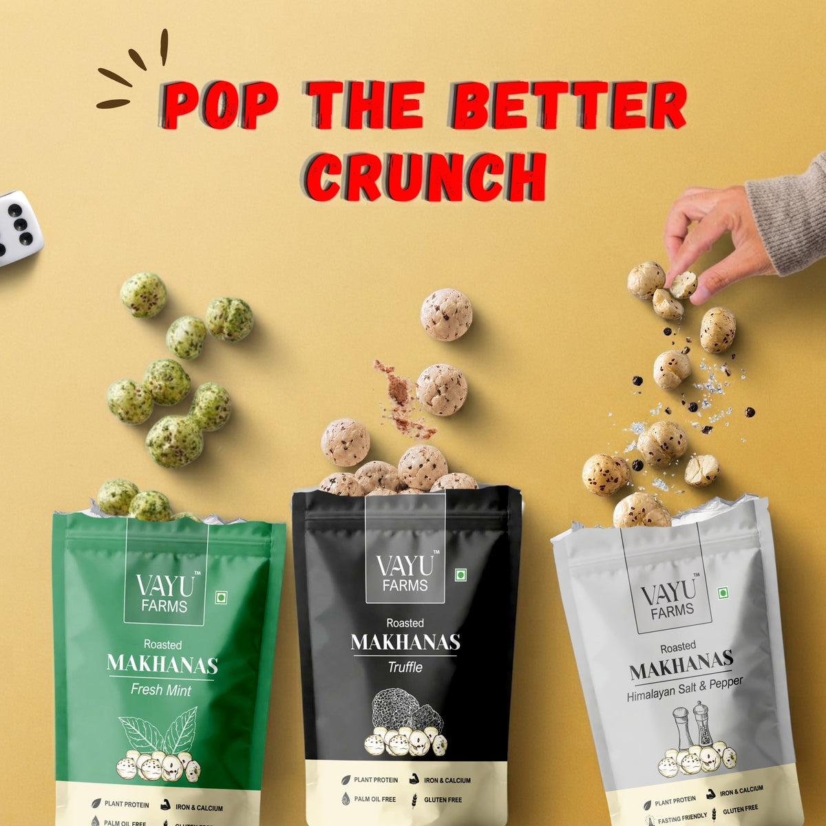 Vayu Farms Roasted Makhana pouches with scattered roasted makhana and text reading Pop the Better Crunch