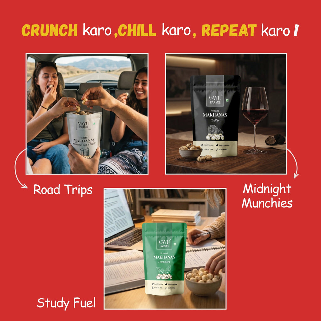 Lifestyle collage of Vayu Farms Roasted Makhana for road trips, midnight munchies, and study fuel
