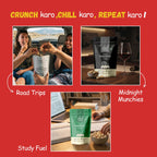 Lifestyle collage of Vayu Farms Roasted Makhana for road trips, midnight munchies, and study fuel