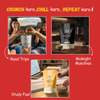 Crunch karo, Chill karo, Repeat karo — lifestyle collage for Road Trips, Midnight Munchies and Study Fuel.