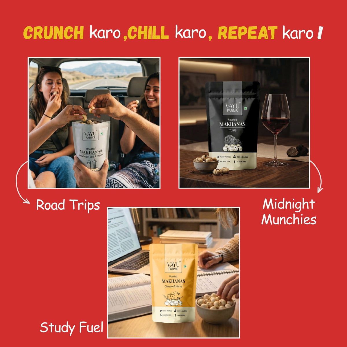 Crunch karo, Chill karo, Repeat karo — lifestyle collage for Road Trips, Midnight Munchies and Study Fuel.