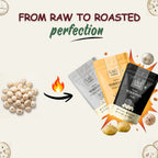 From raw to roasted perfection — Himalayan Salt & Pepper, Cheese & Herbs and Truffle Makhana pouches with raw lotus seeds.