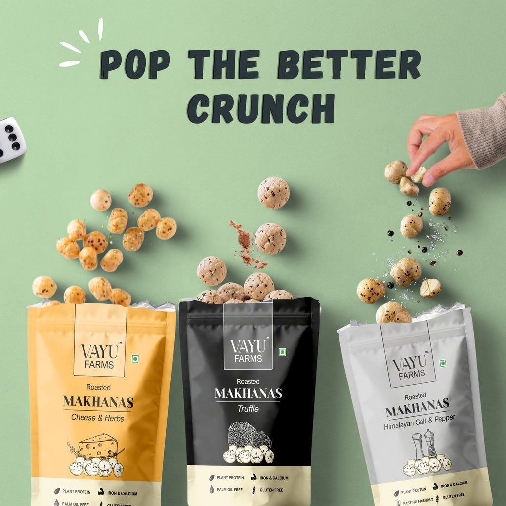 Pop the better crunch — lifestyle shot of Truffle, Cheese & Herbs and Himalayan Salt & Pepper Makhana pouches.