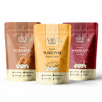 Three stand-up pouches of Vayu Farms Roasted Makhana in Caramel, Cheese & Herbs, and Peri Peri on a white background