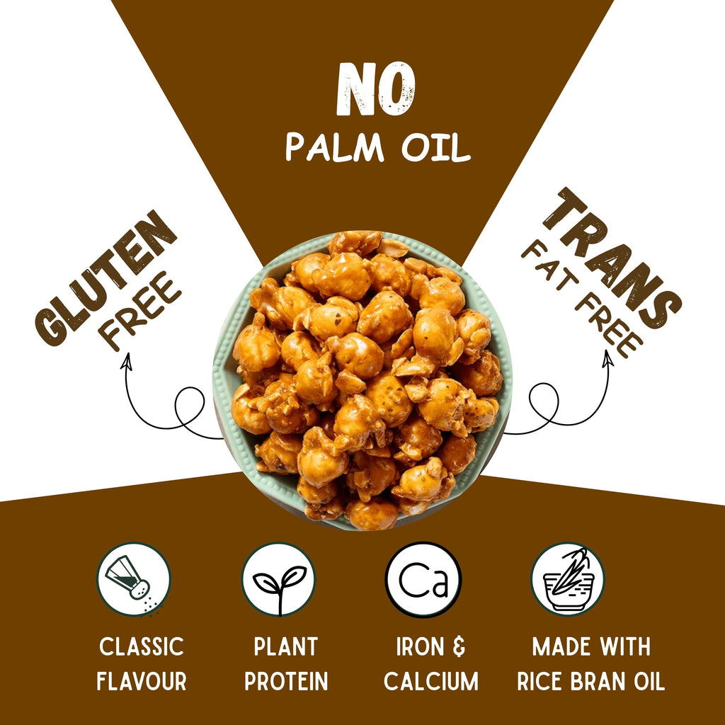 Bowl of caramel roasted makhana with icons for no palm oil, gluten-free, trans-fat-free, plant protein, iron and calcium, made with rice bran oil