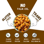 Bowl of caramel roasted makhana with icons for no palm oil, gluten-free, trans-fat-free, plant protein, iron and calcium, made with rice bran oil