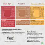 Nutritional information and ingredients label for Vayu Farms Peri Peri, Caramel, and Cheese & Herbs Roasted Makhana