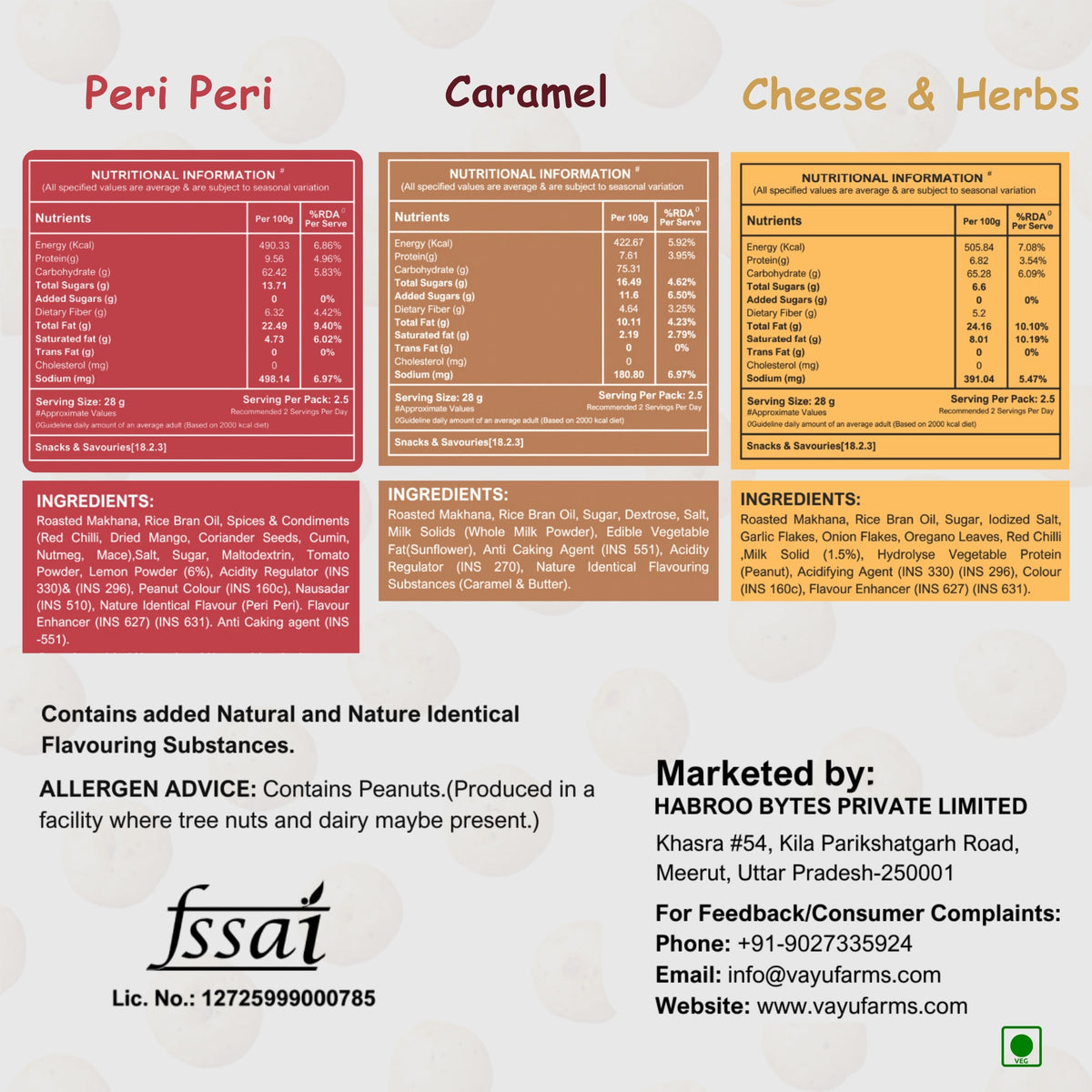 Nutritional information and ingredients label for Vayu Farms Peri Peri, Caramel, and Cheese & Herbs Roasted Makhana