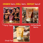 Lifestyle collage of Vayu Farms Roasted Makhana for party table, coffee break, and study fuel occasions