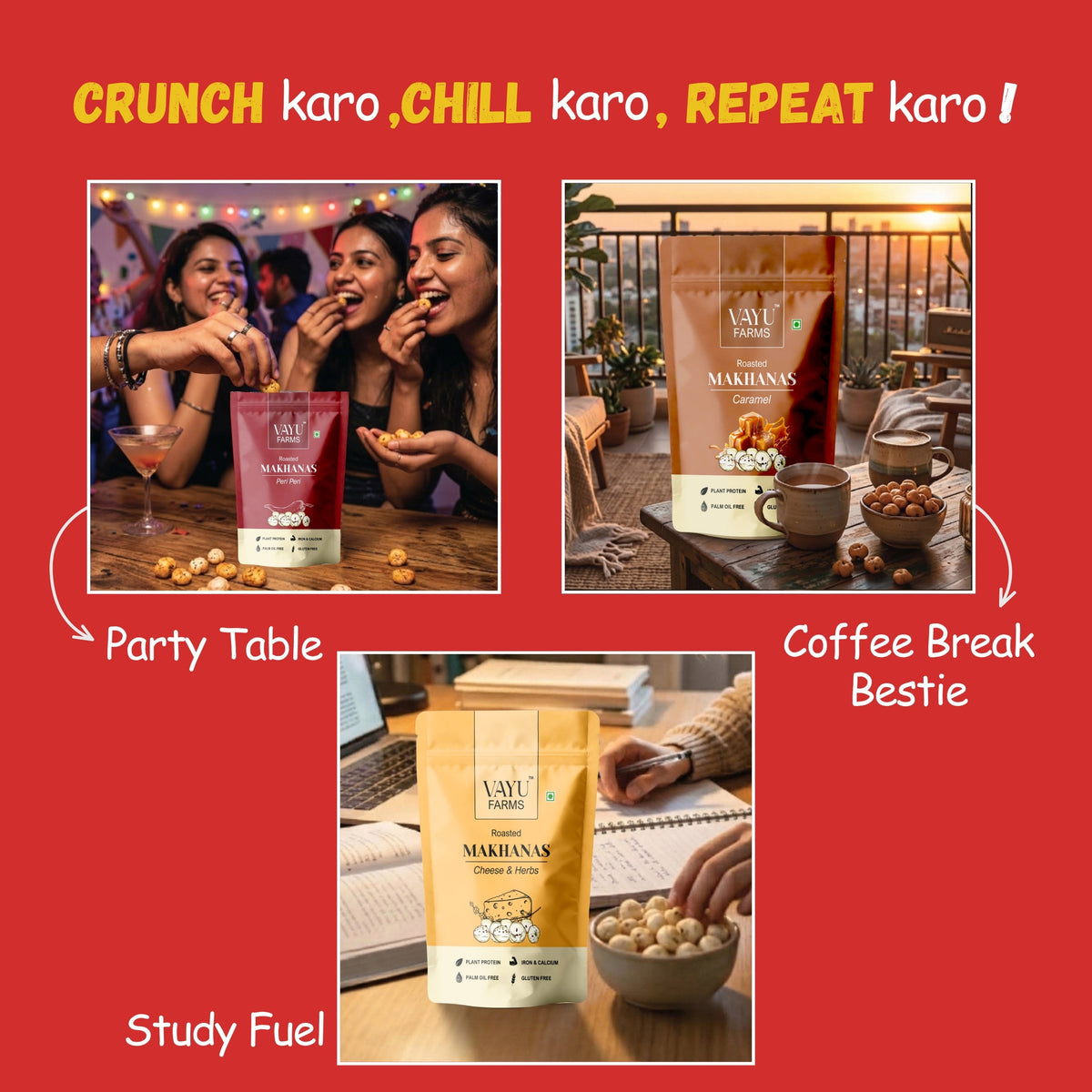 Lifestyle collage of Vayu Farms Roasted Makhana for party table, coffee break, and study fuel occasions