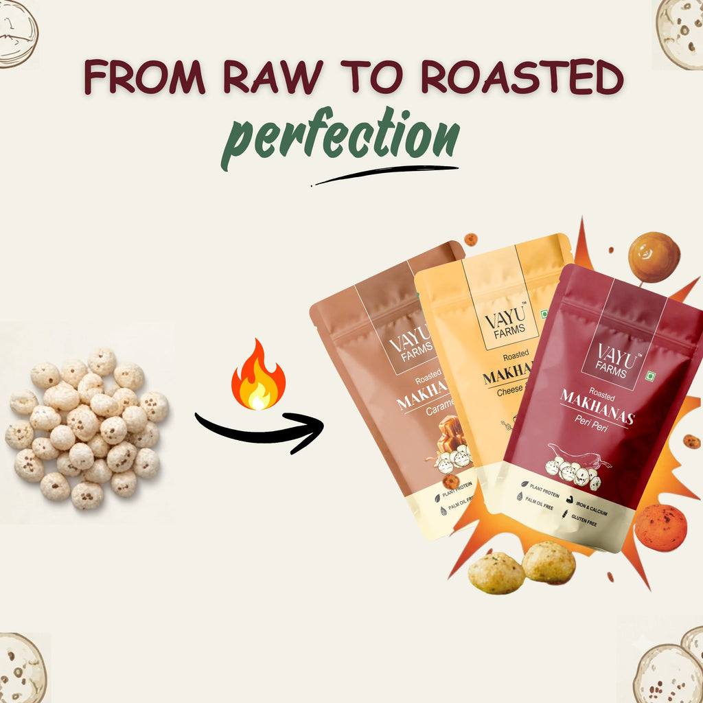 Vayu Farms Roasted Makhana pouches in Caramel, Cheese & Herbs, and Peri Peri flavours with raw lotus seeds, text reads From Raw to Roasted Perfection