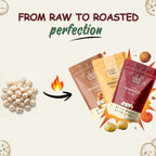 Vayu Farms Roasted Makhana pouches in Caramel, Cheese & Herbs, and Peri Peri flavours with raw lotus seeds, text reads From Raw to Roasted Perfection