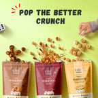 Vayu Farms Roasted Makhana pouches with scattered roasted makhana and text reading Pop the Better Crunch