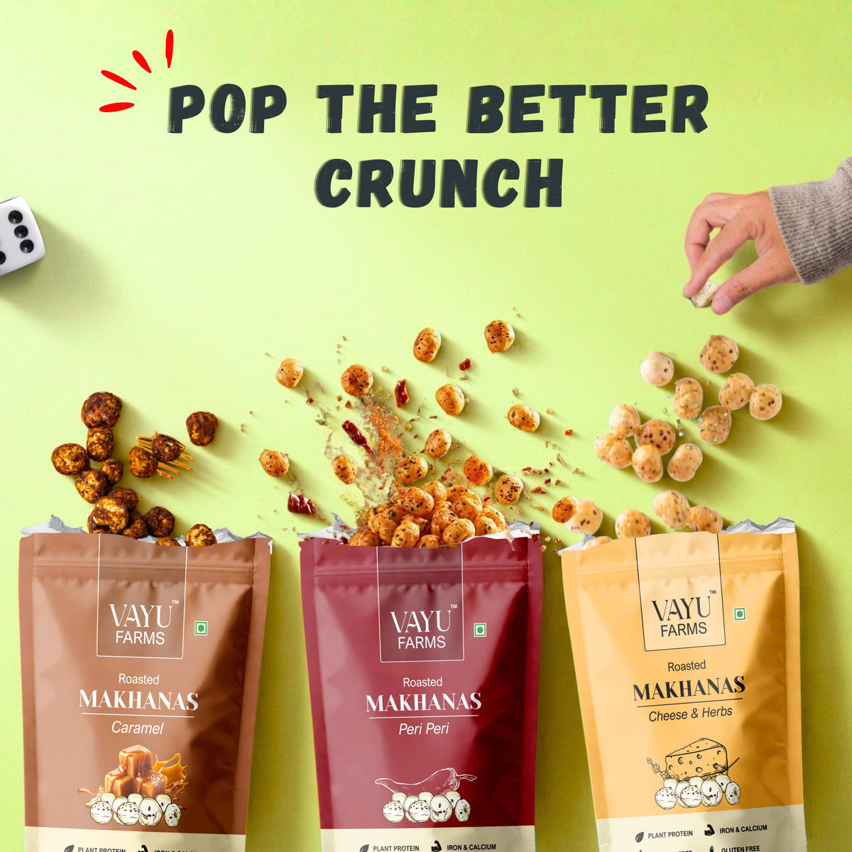 Vayu Farms Roasted Makhana pouches with scattered roasted makhana and text reading Pop the Better Crunch