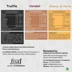 Nutritional information and ingredients label for Vayu Farms Truffle, Caramel, and Cheese & Herbs Roasted Makhana