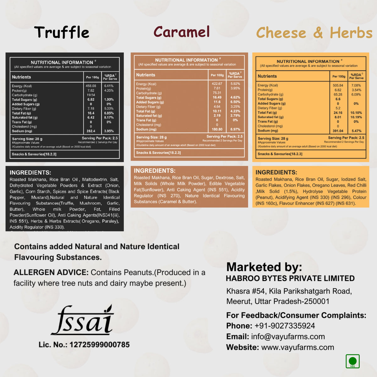 Nutritional information and ingredients label for Vayu Farms Truffle, Caramel, and Cheese & Herbs Roasted Makhana
