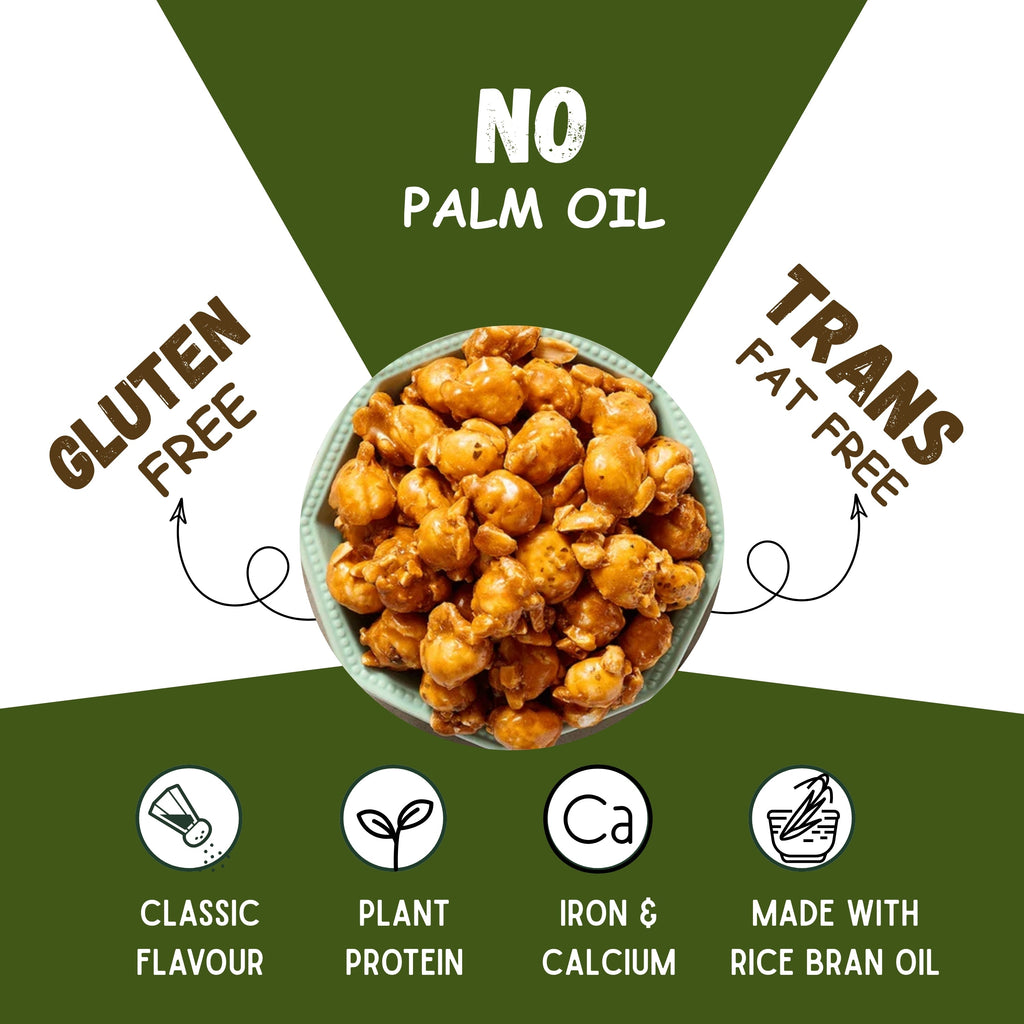 Bowl of caramel roasted makhana with icons for no palm oil, gluten-free, trans-fat-free, plant protein, iron and calcium, made with rice bran oil