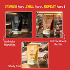 Lifestyle collage of Vayu Farms Roasted Makhana for midnight munchies, coffee break, and study fuel occasions