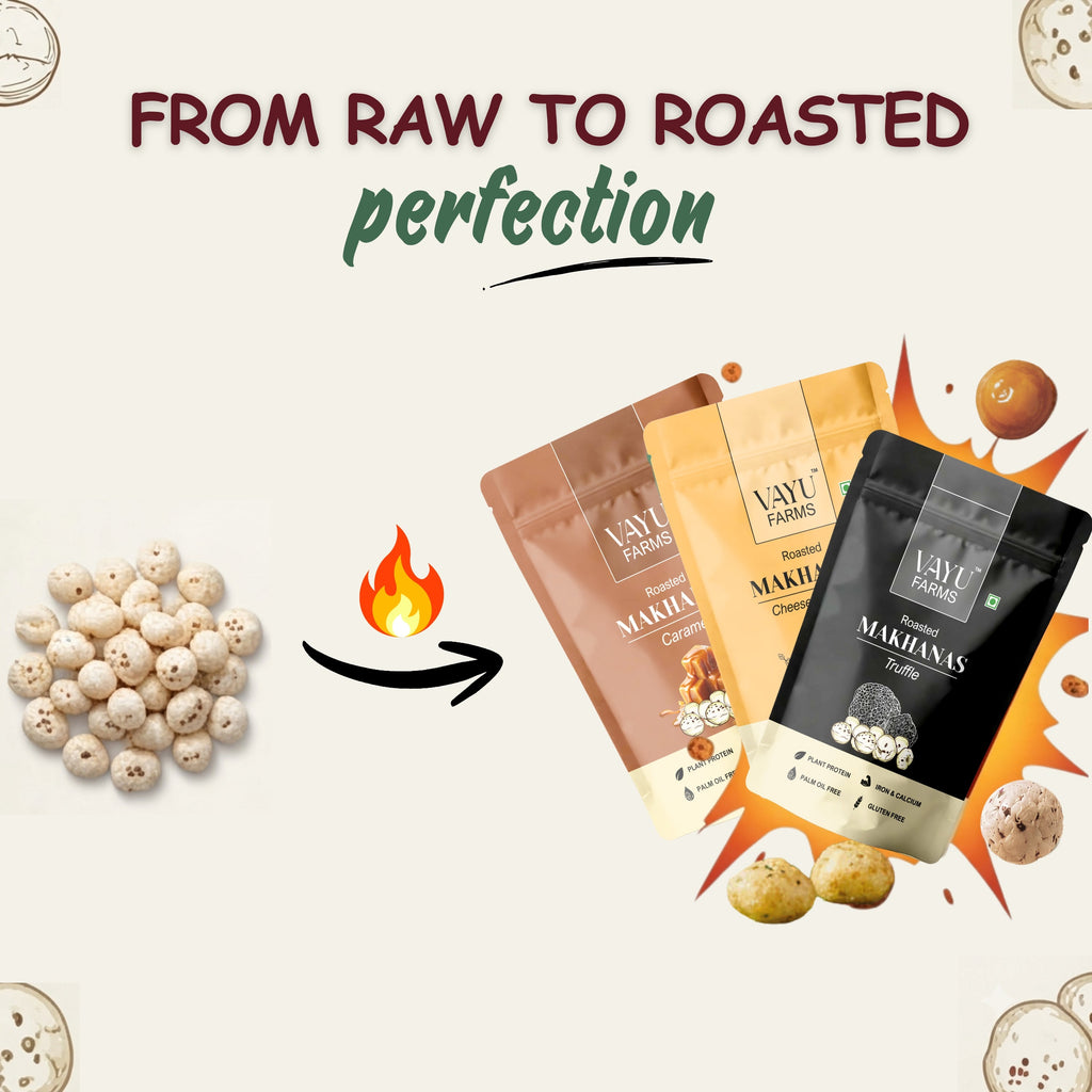 Vayu Farms Roasted Makhana pouches in Caramel, Cheese & Herbs, and Truffle flavours with raw lotus seeds, text reads From Raw to Roasted Perfection