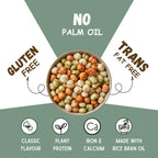 Bowl of Vayu Farms Roasted Makhana with icons for no palm oil, gluten-free, trans-fat-free, plant protein, iron and calcium, made with rice bran oil