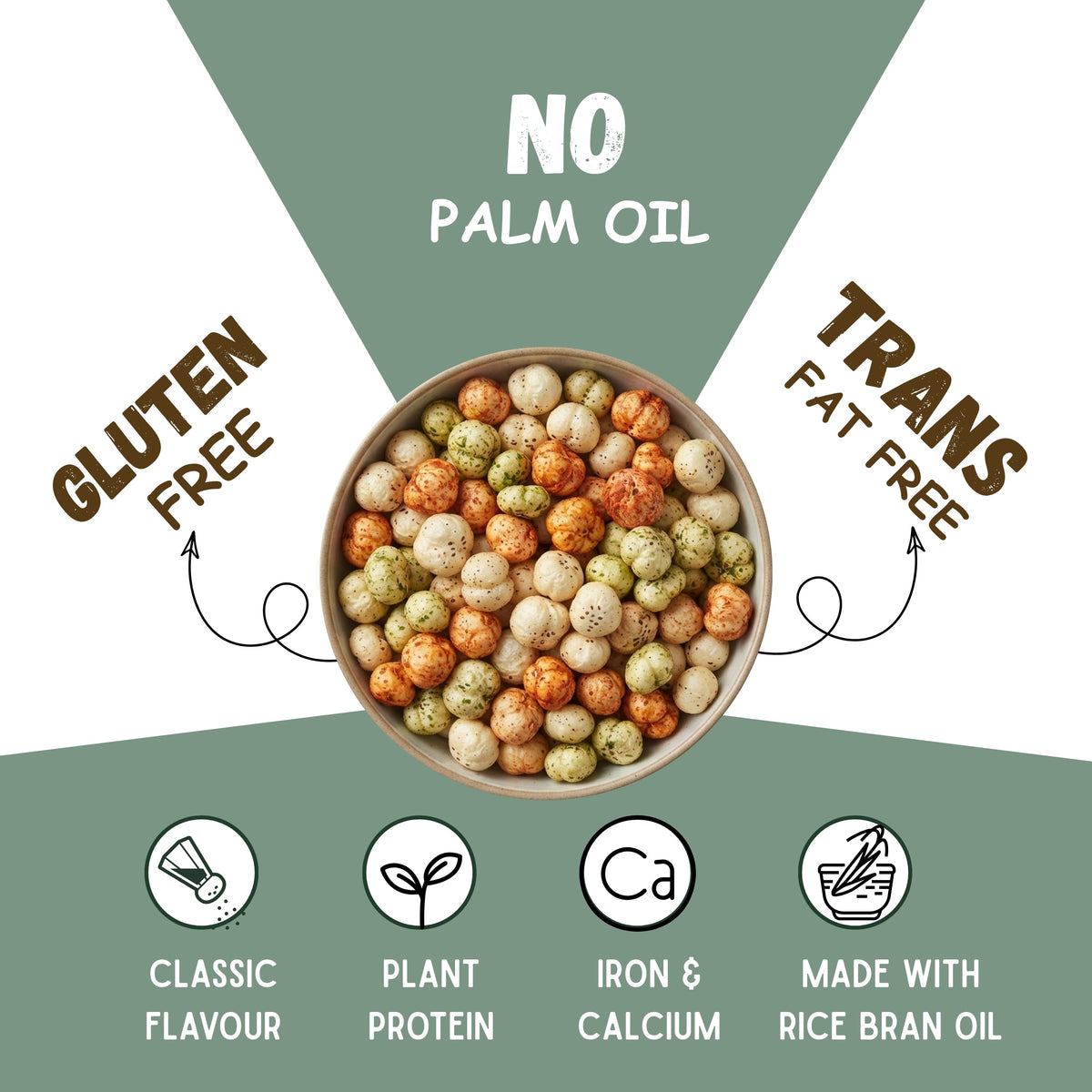 Bowl of Vayu Farms Roasted Makhana with icons for no palm oil, gluten-free, trans-fat-free, plant protein, iron and calcium, made with rice bran oil
