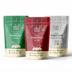 Three stand-up pouches of Vayu Farms Roasted Makhanas — Fresh Mint, Peri Peri and Himalayan Salt & Pepper — on a white background.
