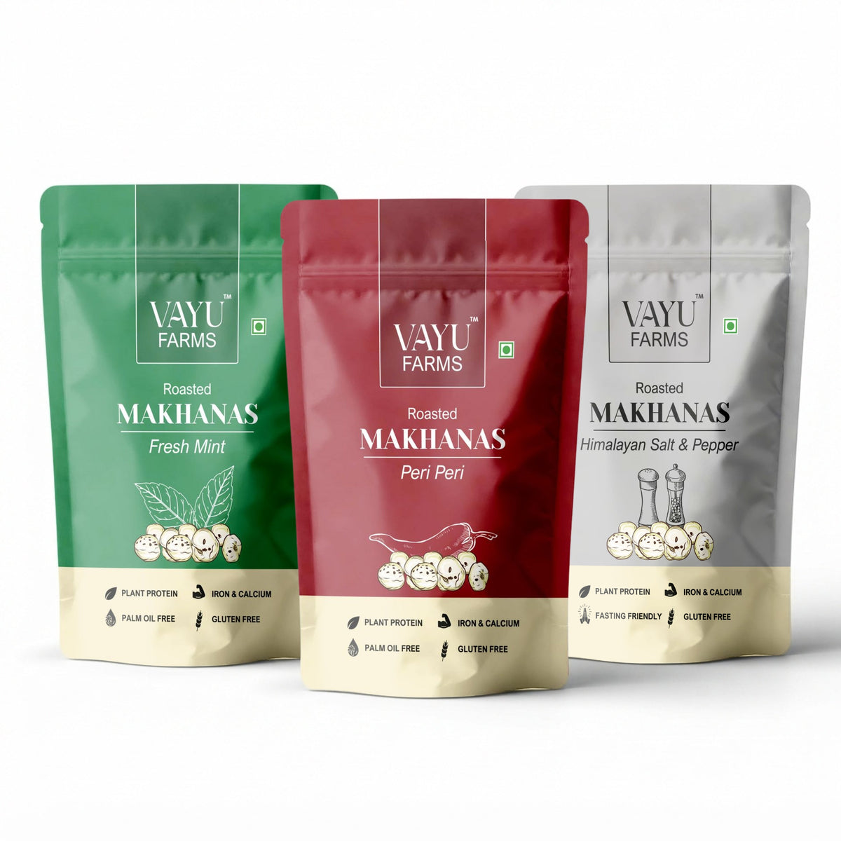 Three stand-up pouches of Vayu Farms Roasted Makhanas — Fresh Mint, Peri Peri and Himalayan Salt & Pepper — on a white background.