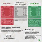 Nutrition and ingredients label for Peri Peri, Himalayan Salt & Pepper and Fresh Mint Makhana.