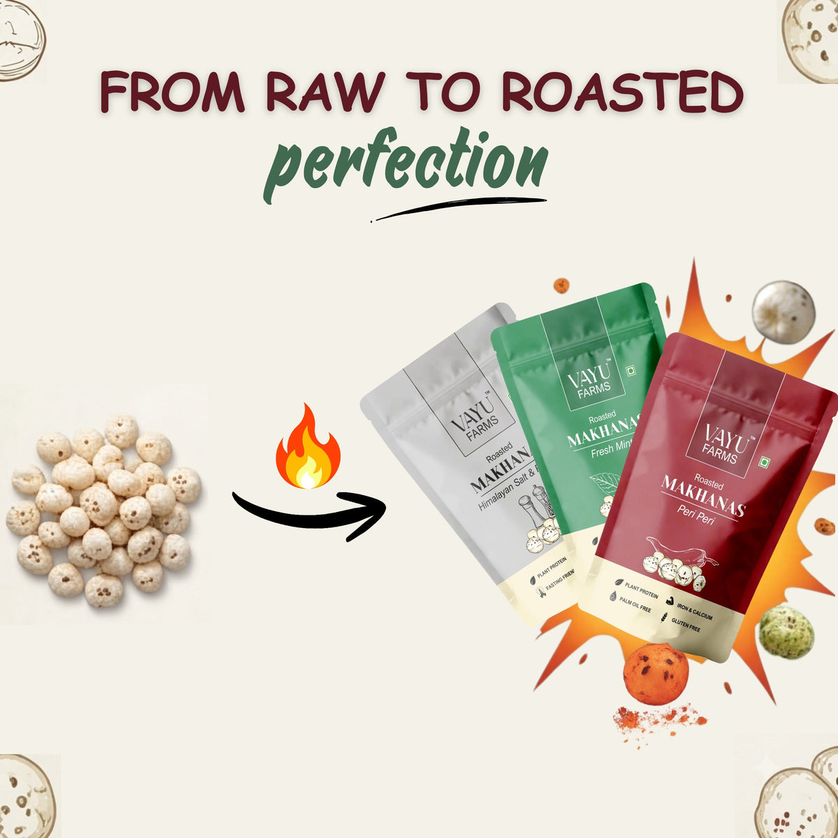 From raw to roasted perfection — Himalayan Salt & Pepper, Fresh Mint and Peri Peri Makhana pouches with raw lotus seeds.