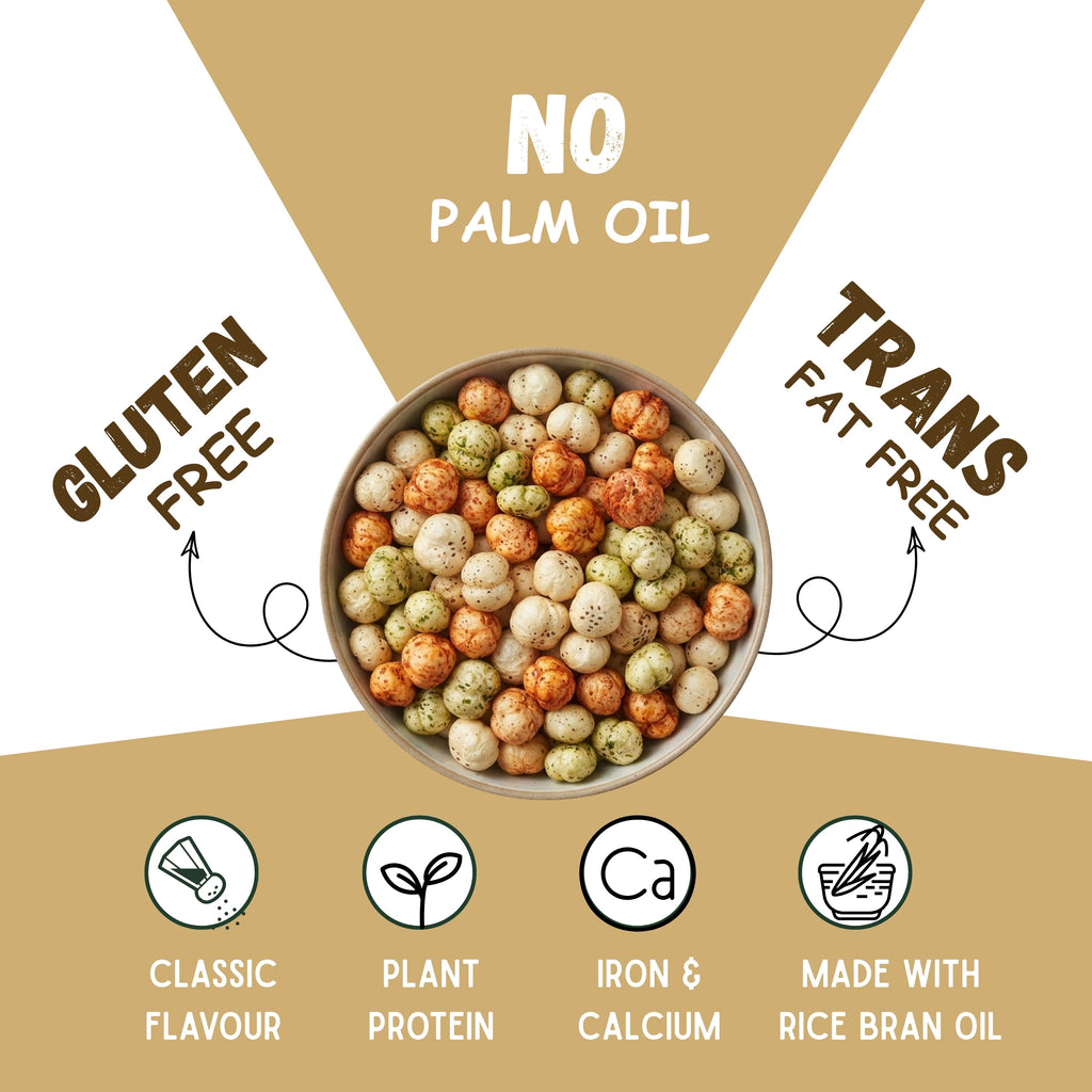 Vayu Farms Makhana claims graphic: No Palm Oil, Gluten Free, Trans Fat Free.