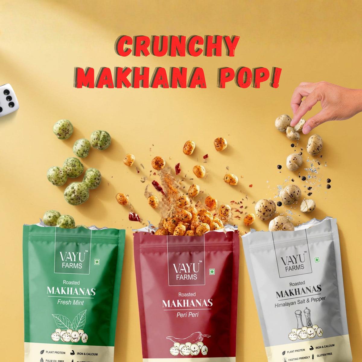 Crunchy Makhana Pop! Fresh Mint, Peri Peri and Himalayan Salt & Pepper Makhana pouches with scattered roasted makhana pieces.