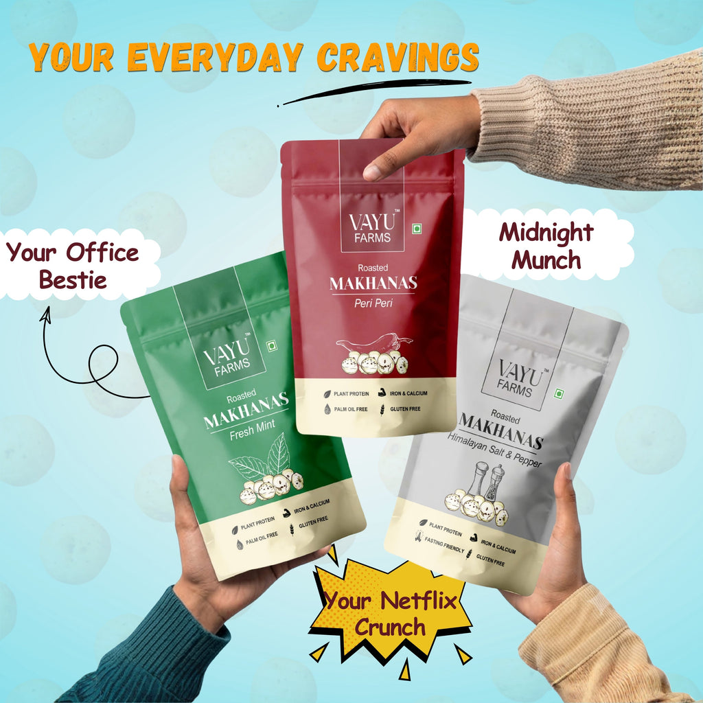 Your Everyday Cravings — lifestyle collage of hands holding Fresh Mint, Peri Peri and Himalayan Salt & Pepper Makhana pouches, labeled Your Office Bestie and Your Netflix Crunch.