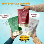 Your Everyday Cravings — lifestyle collage of hands holding Fresh Mint, Peri Peri and Himalayan Salt & Pepper Makhana pouches, labeled Your Office Bestie and Your Netflix Crunch.