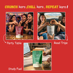 Crunch karo, Chill karo, Repeat karo — lifestyle collage for Party Table, Road Trips and Study Fuel.