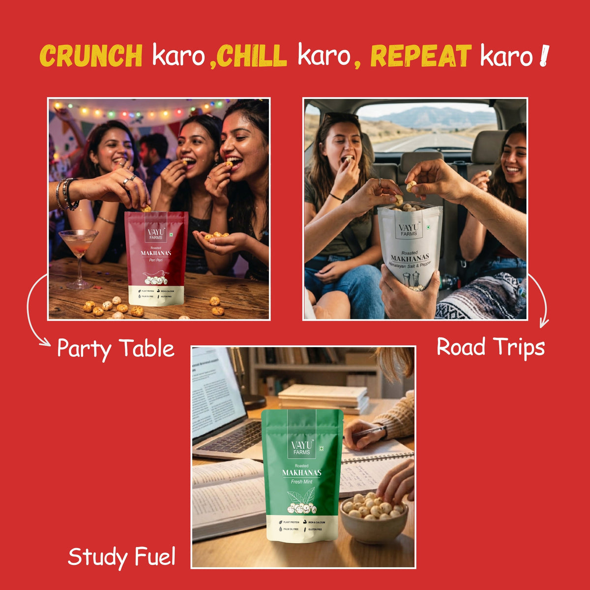 Crunch karo, Chill karo, Repeat karo — lifestyle collage for Party Table, Road Trips and Study Fuel.